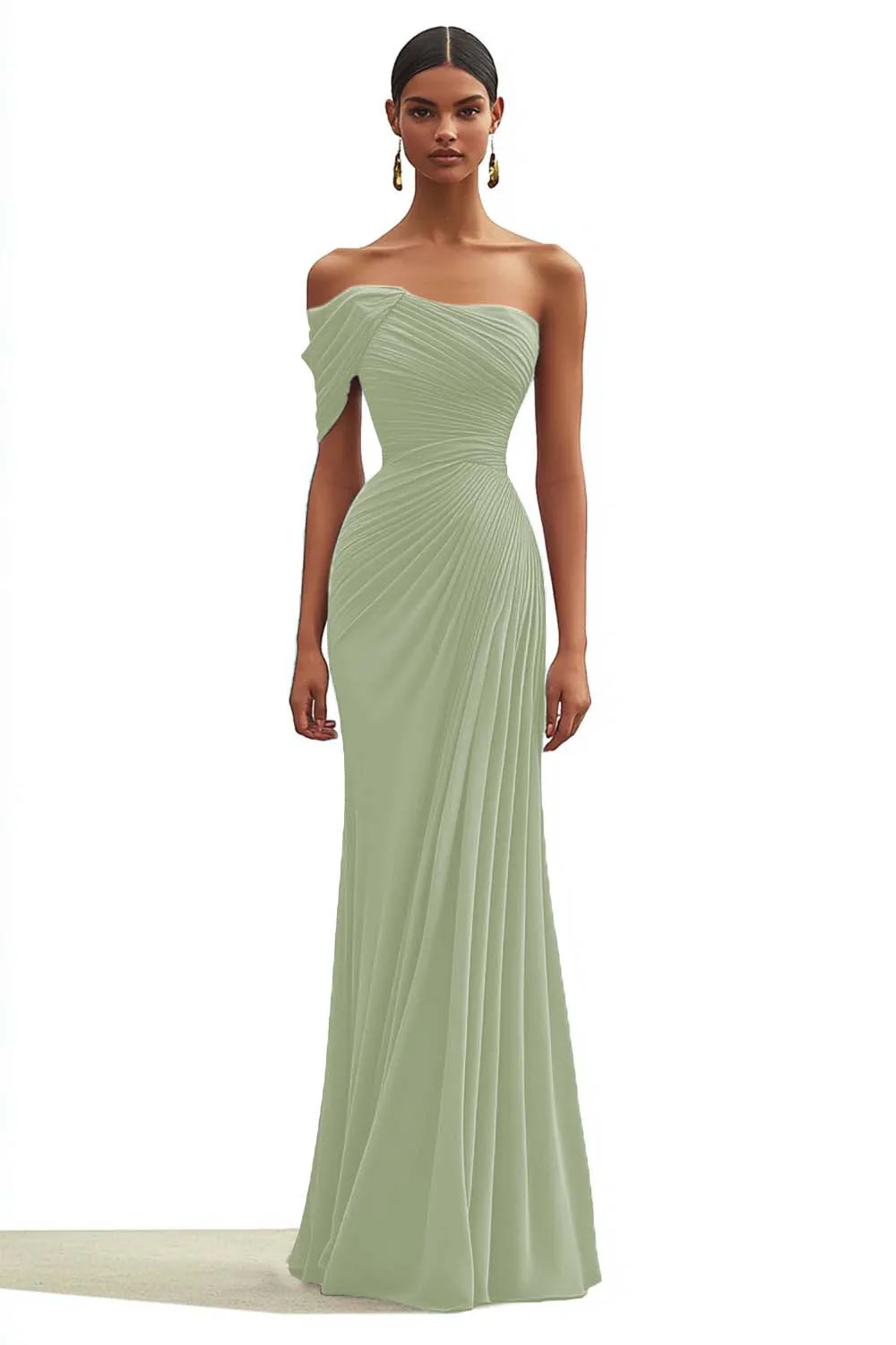Mermaid Dusty Sage One Shoulder Long Formal Dress with Pleated - VNBITS