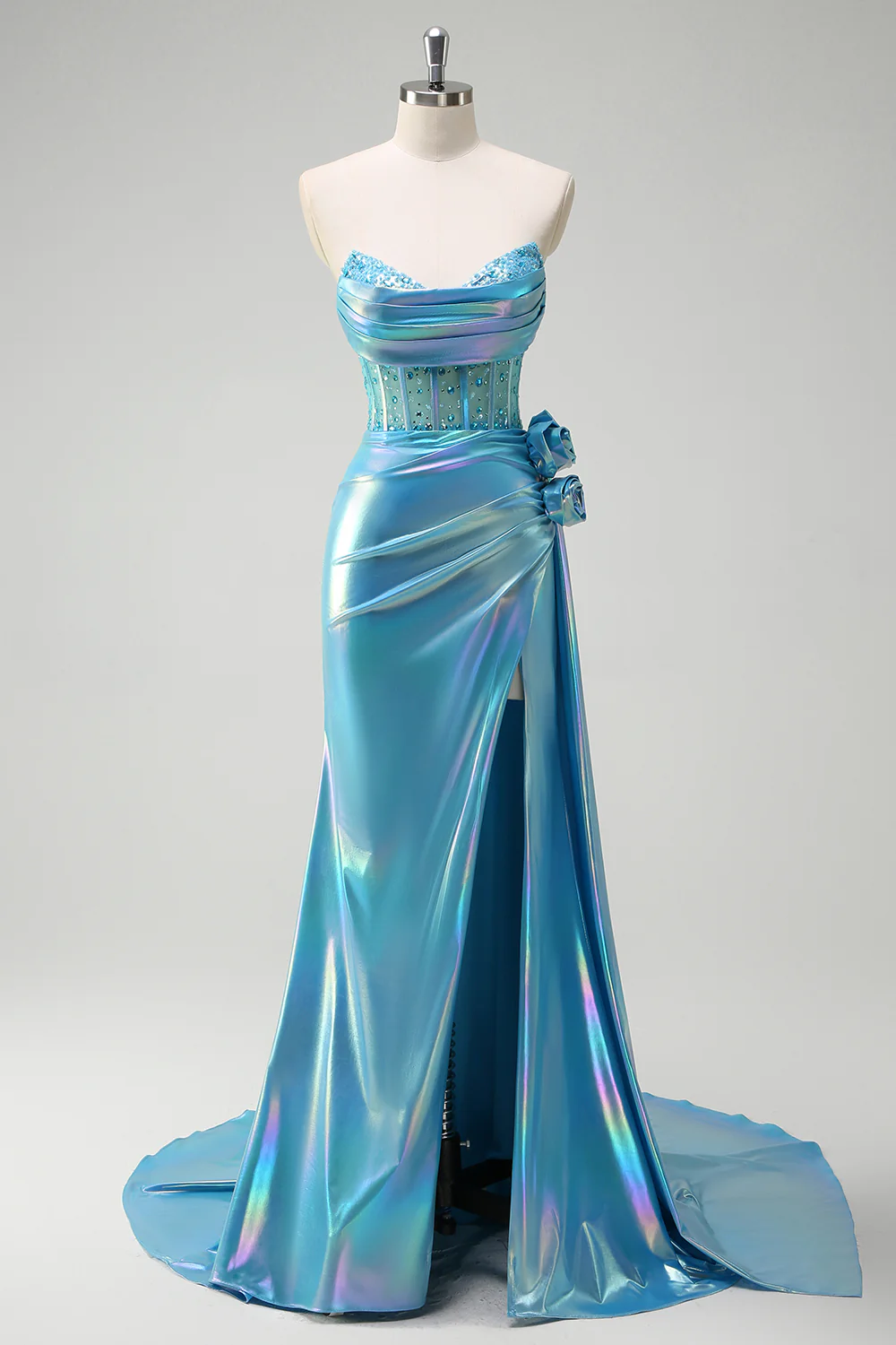 Sparkly Blue Flower Strapless Mermaid Long Prom Dress with Slit - VNBITS