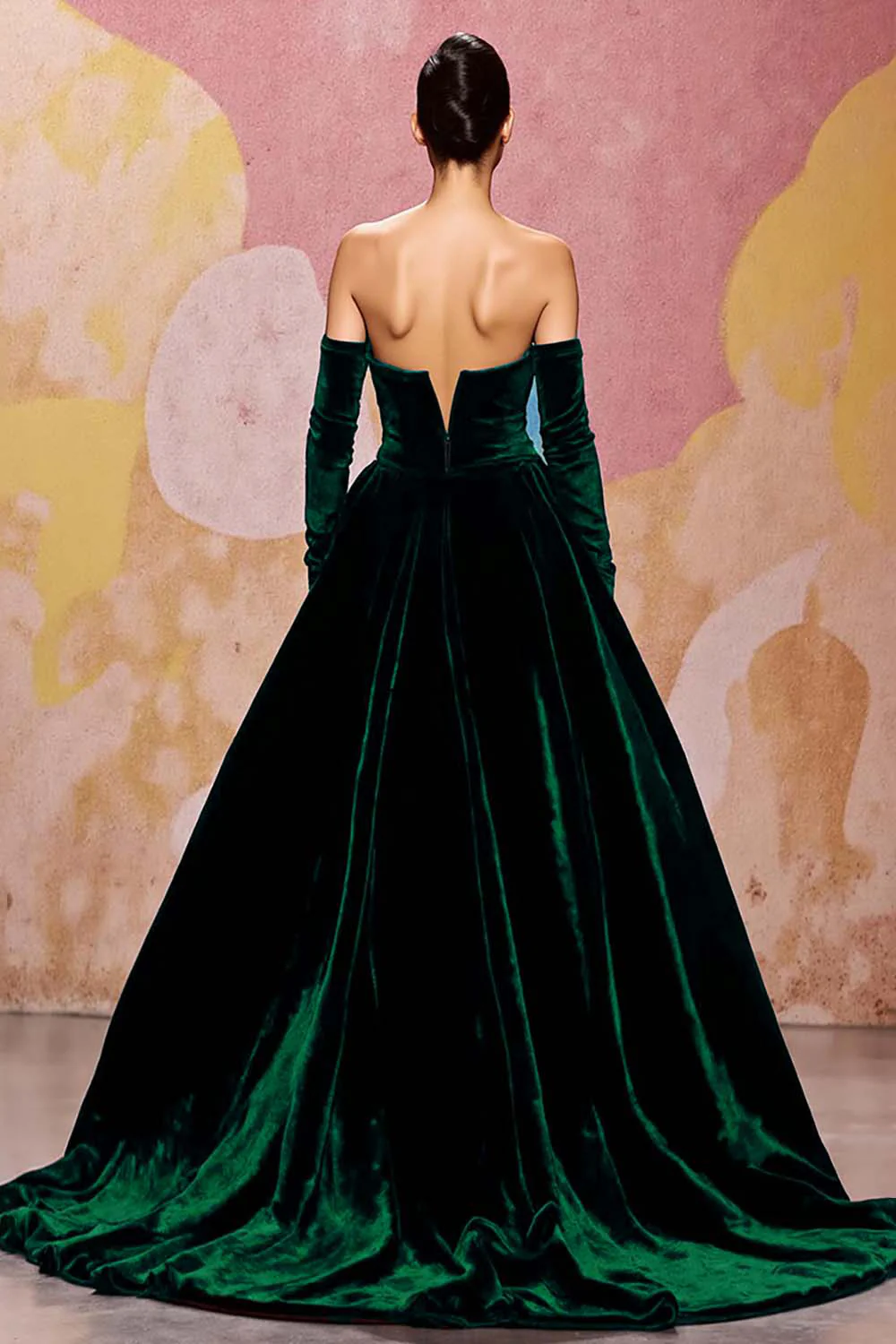 Dark Red Velvet A Line Long Off the Shoulder Evening Dress - VNBITS