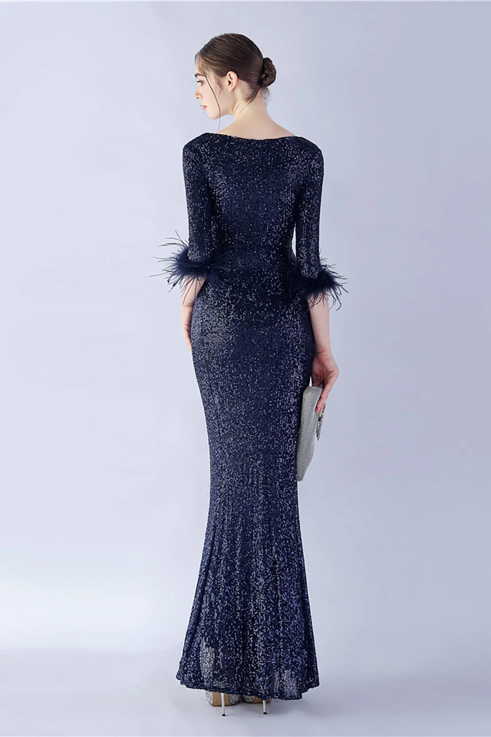 Navy Sequin V-neck Half Sleeves Sheath Formal Dress with Feather - VNBITS
