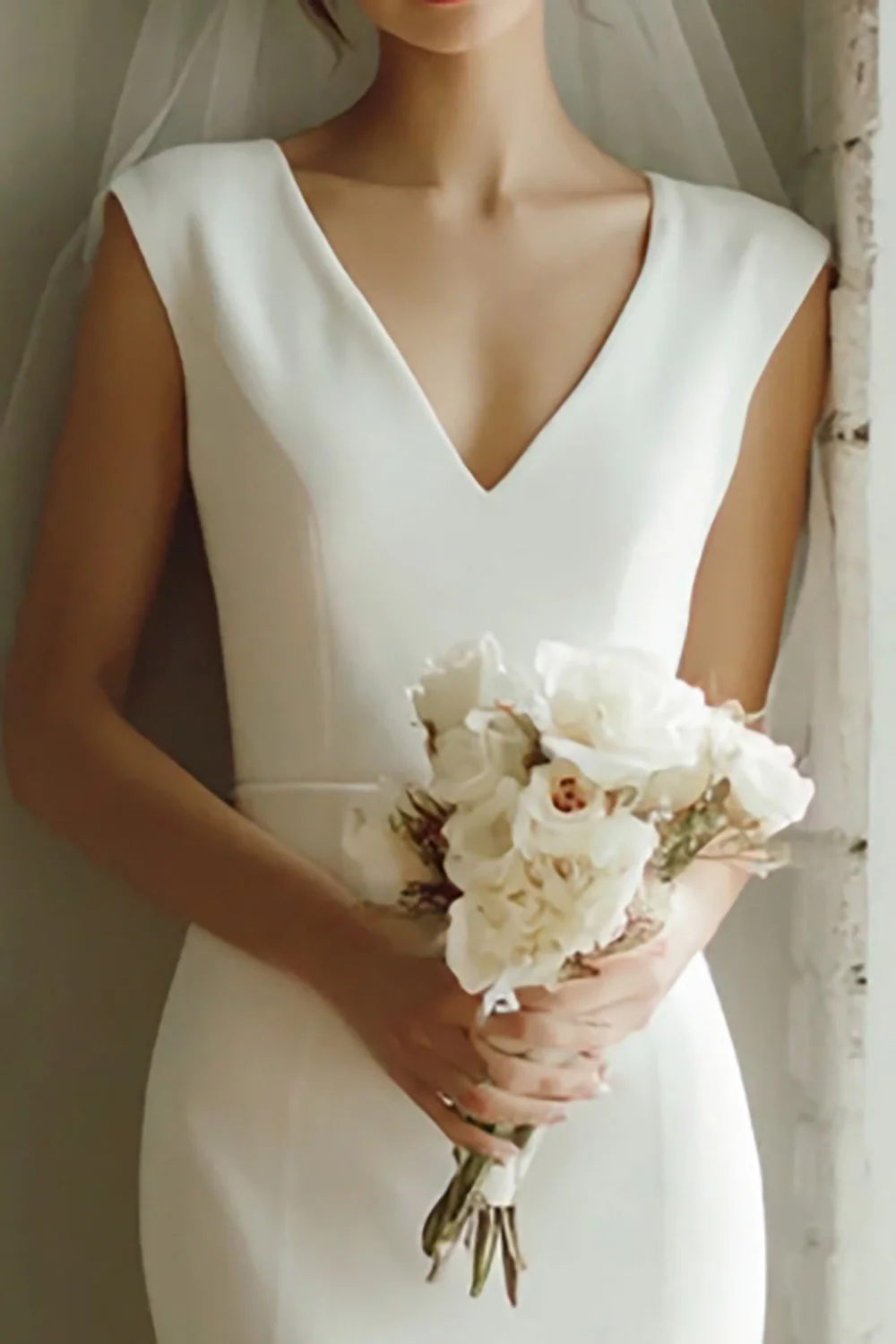 White Mermaid V-Neck Satin Midi Wedding Dress - VNBITS