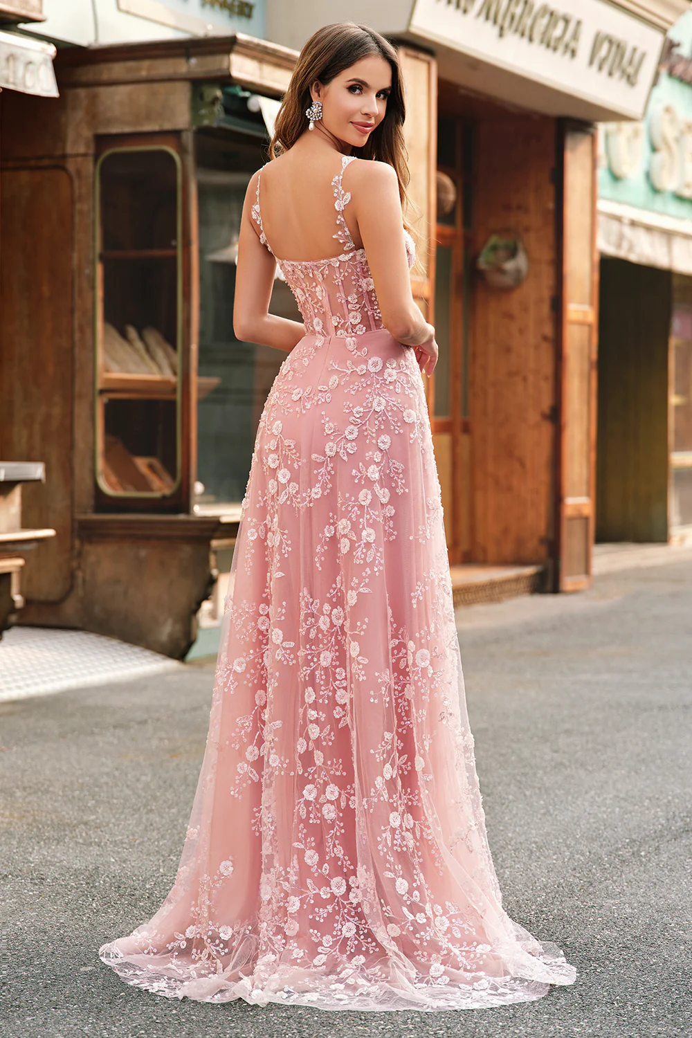 Blush A Line Spaghetti Straps Floral Corset Long Prom Dress with Slit - VNBITS