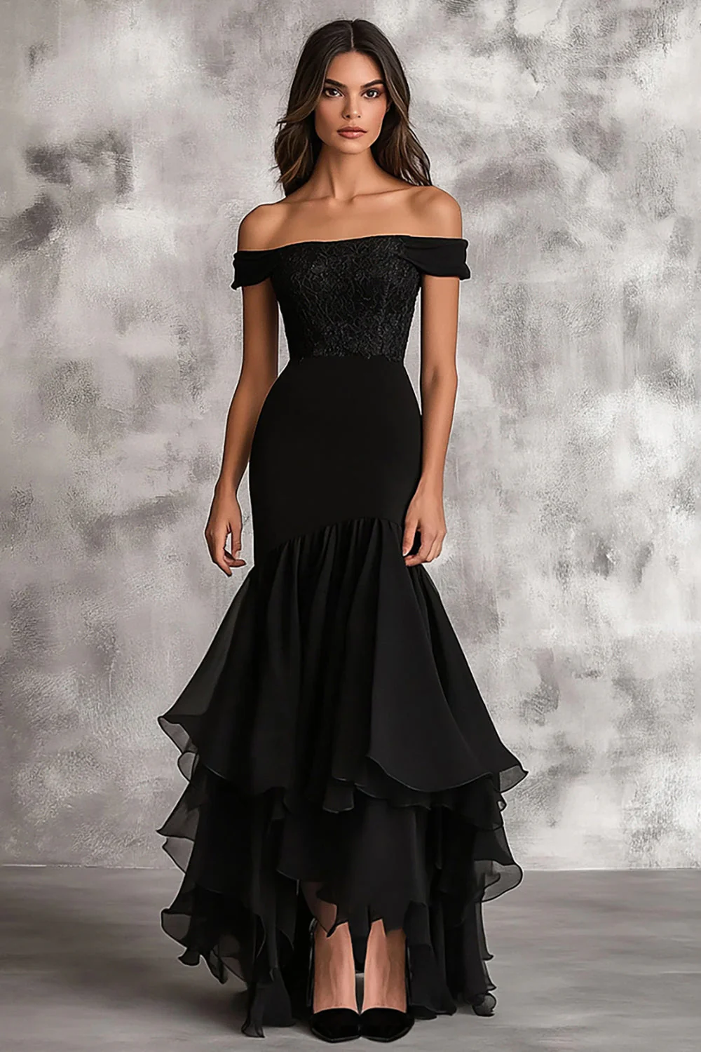 Black Mermaid Chiffon Off the Shoulder Long Formal Dress - VNBITS