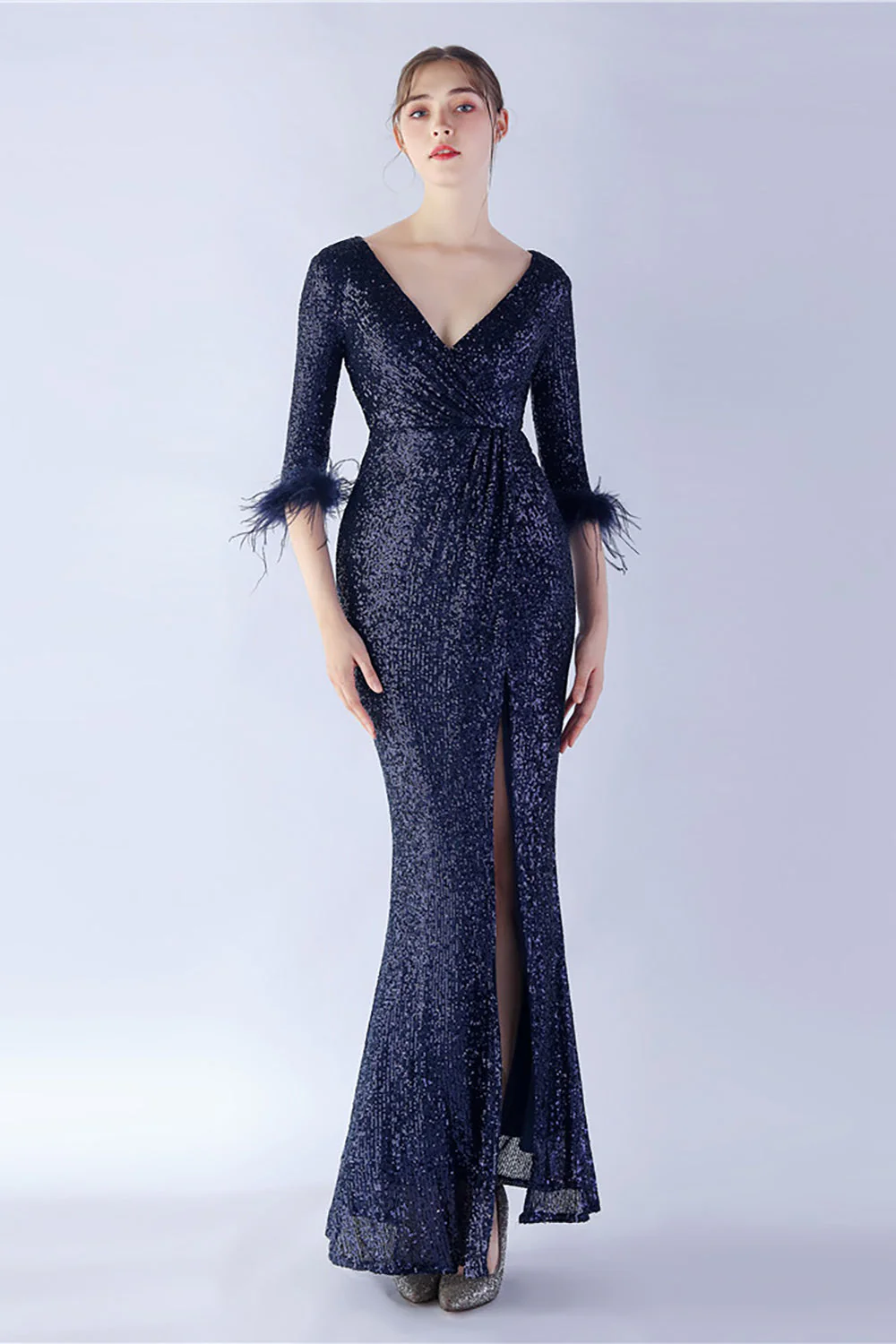 Navy Sequin V-neck Half Sleeves Sheath Formal Dress with Feather - VNBITS
