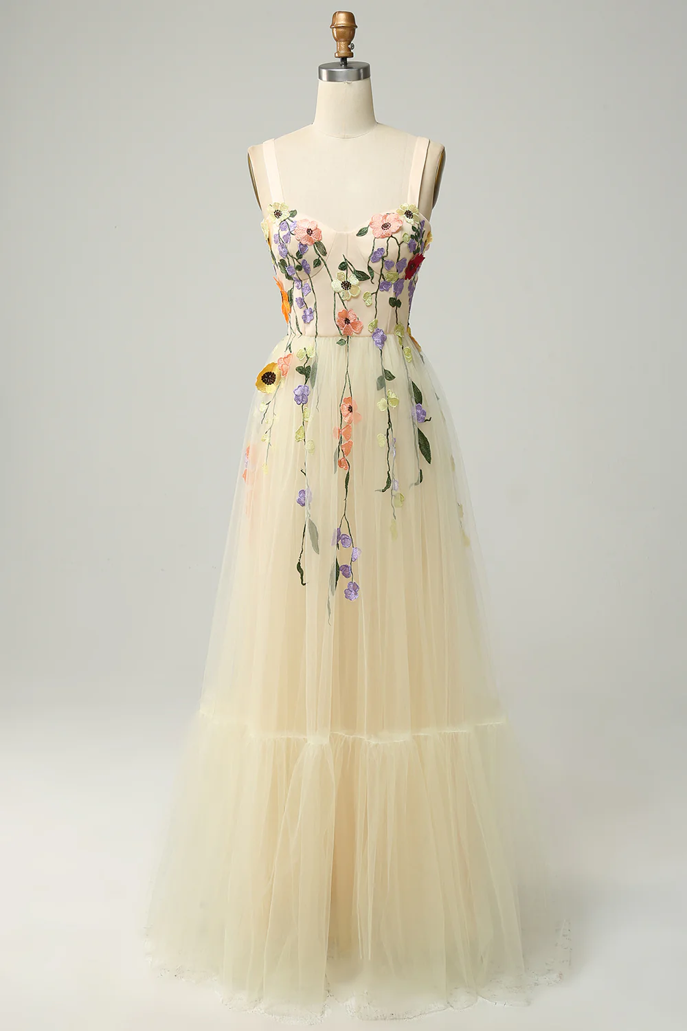 A-Line Flower Champagne Prom Dress - VNBITS