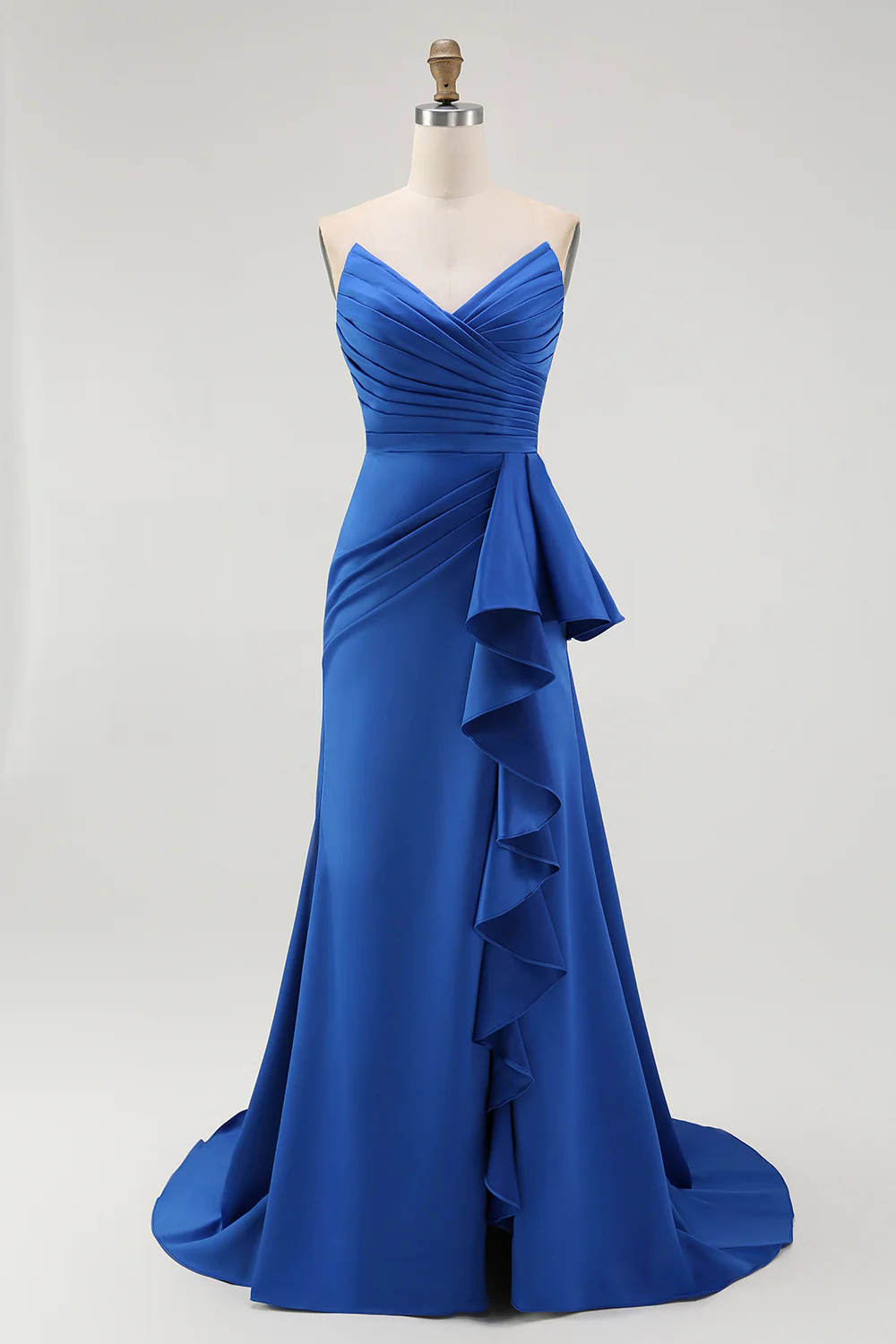 Royal Blue Sweetheart Mermaid Satin Ruched Long Wedding Guest Dress - VNBITS