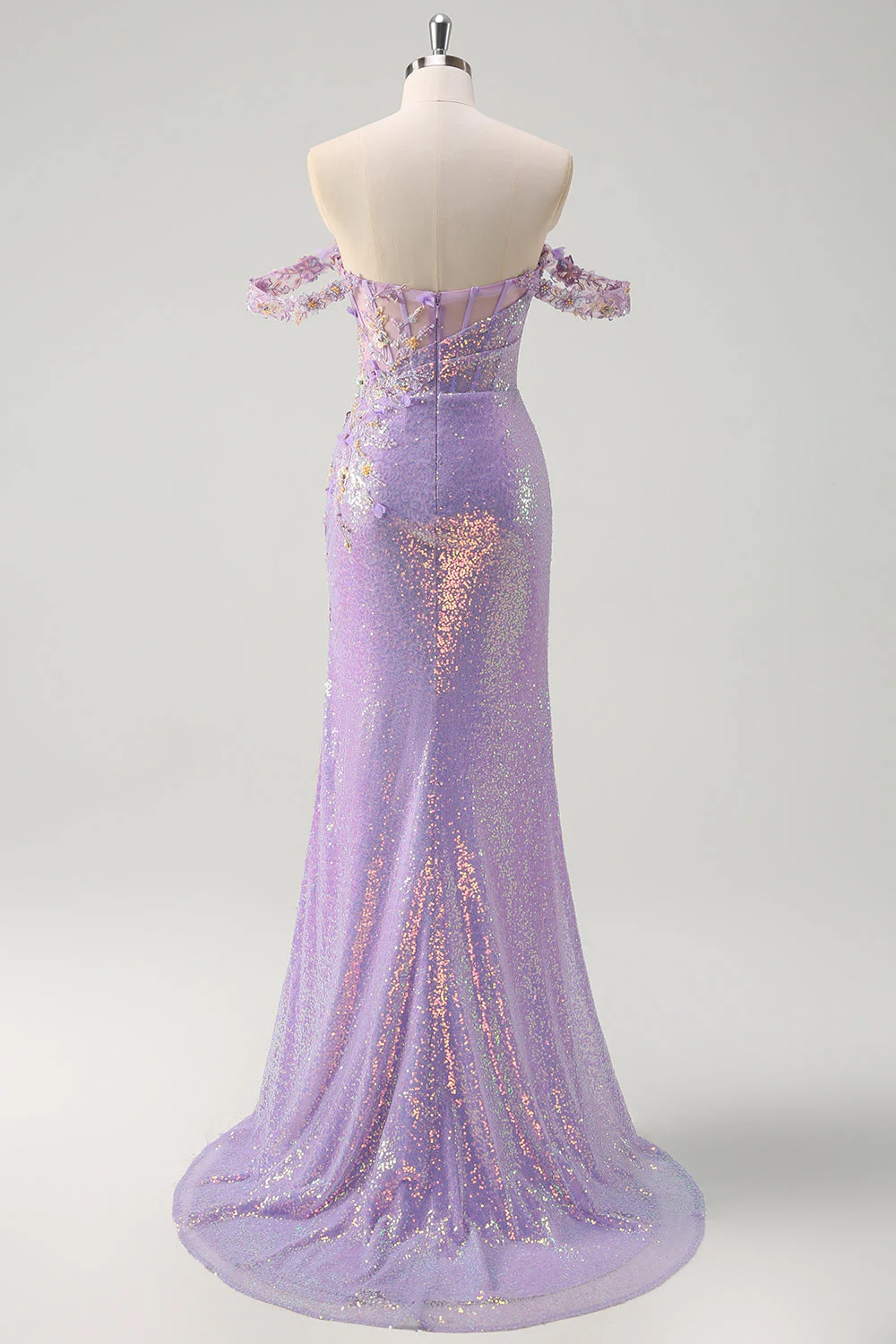 Sparkly Light Purple Mermaid Off The Shoulder Sequin Prom Dress with Slit - VNBITS
