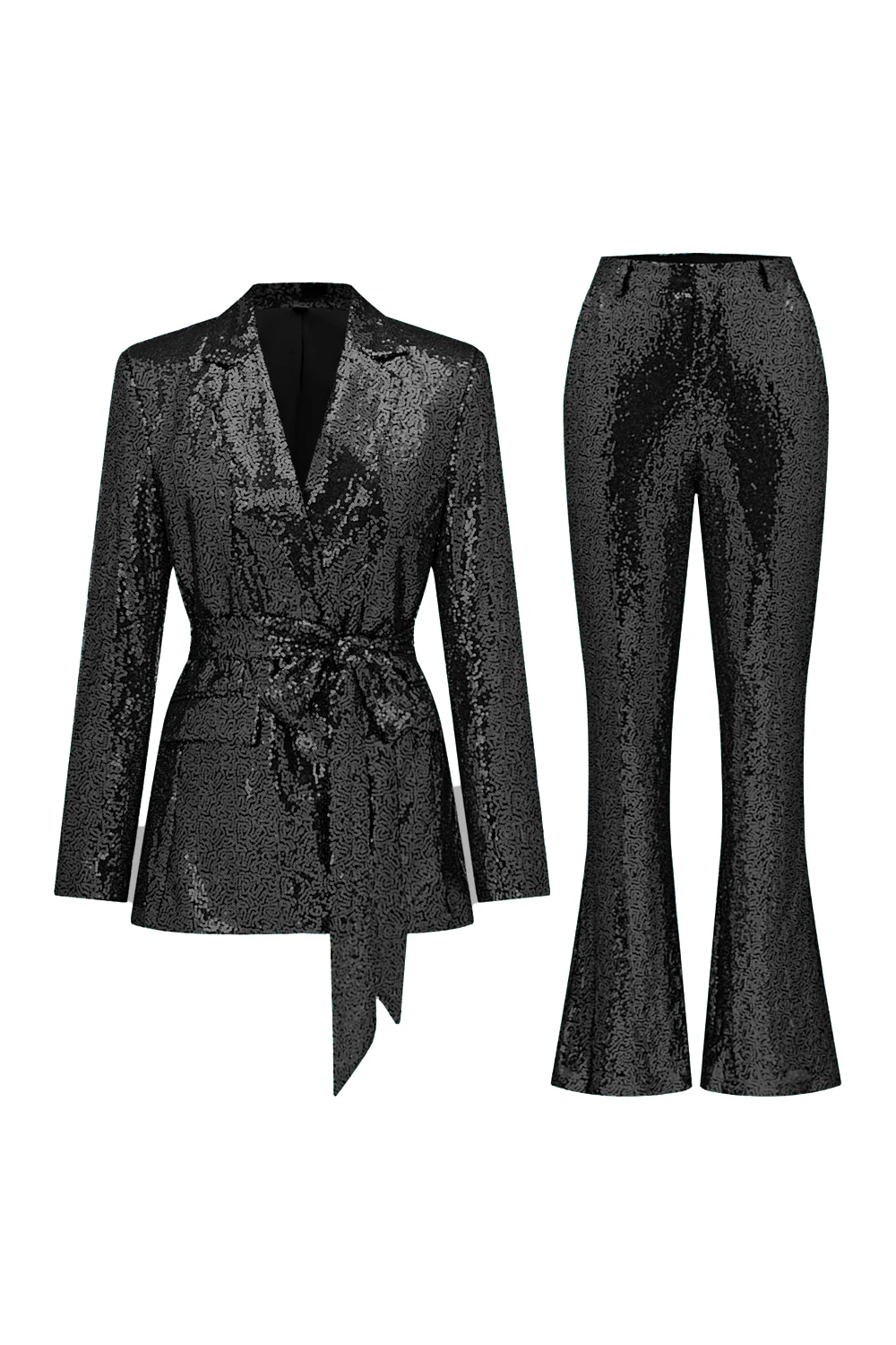 Sparkly Green Sequins Notched Lapel Women Suits with Belt - VNBITS