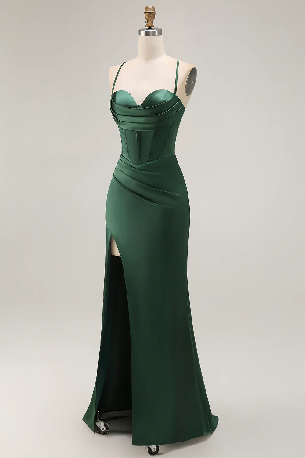 Dark Green Corset Mermaid Satin Long Wedding Guest Dress with Slit - VNBITS