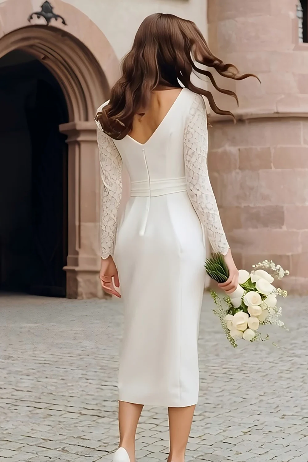 Ivory Bodycon Boat Neck Midi Wedding Reception Dress with Lace - VNBITS