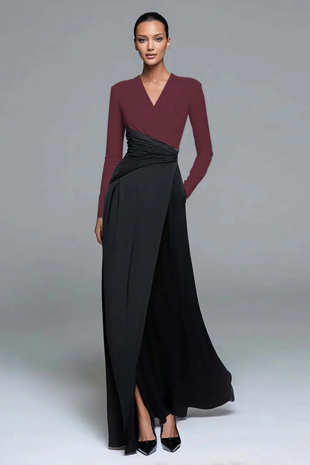 Black and White Patchwork Long Formal Dress with Pockets - VNBITS
