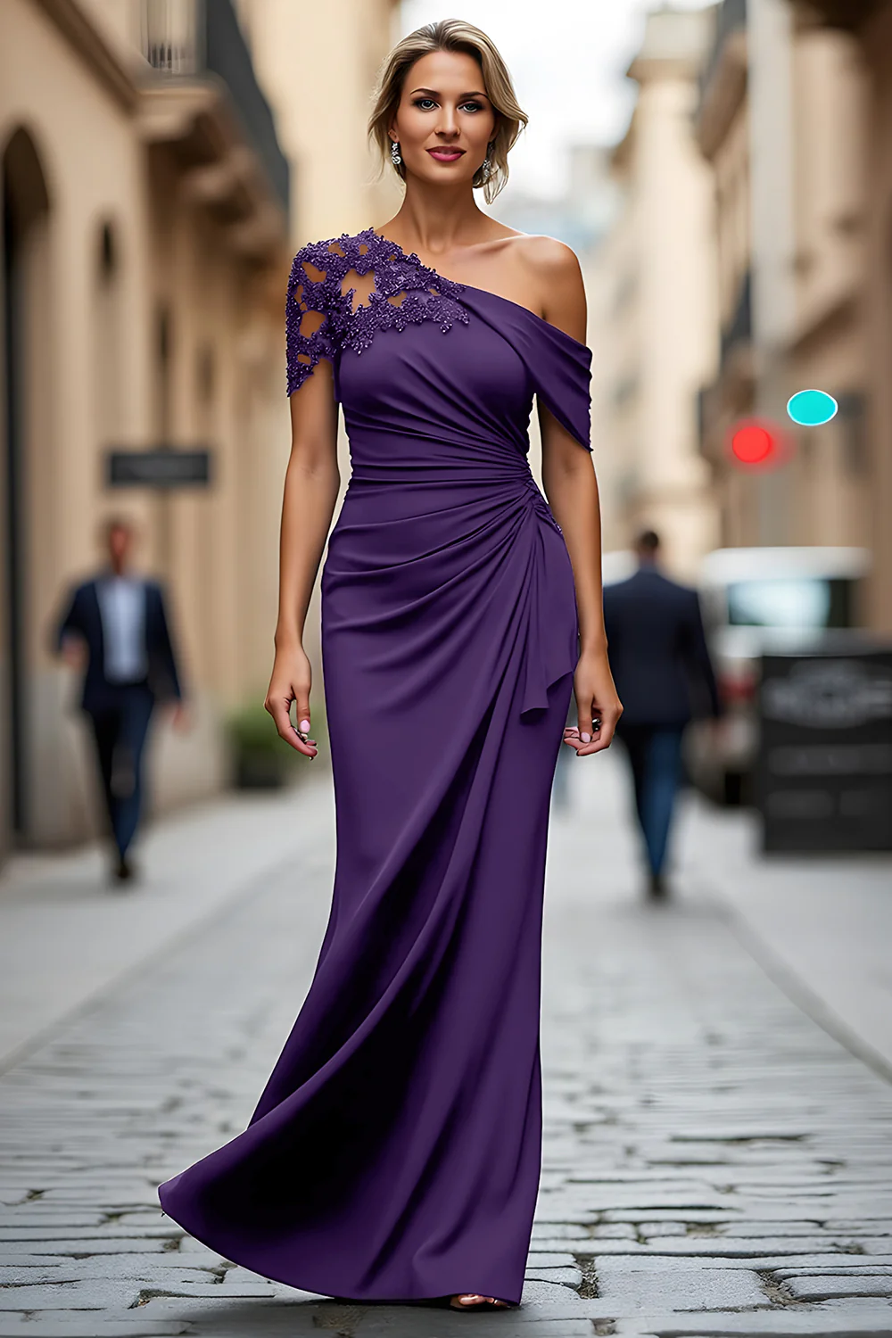 Black One Shoulder Sheath Long Mother of the Bride Dress with Appliques - VNBITS