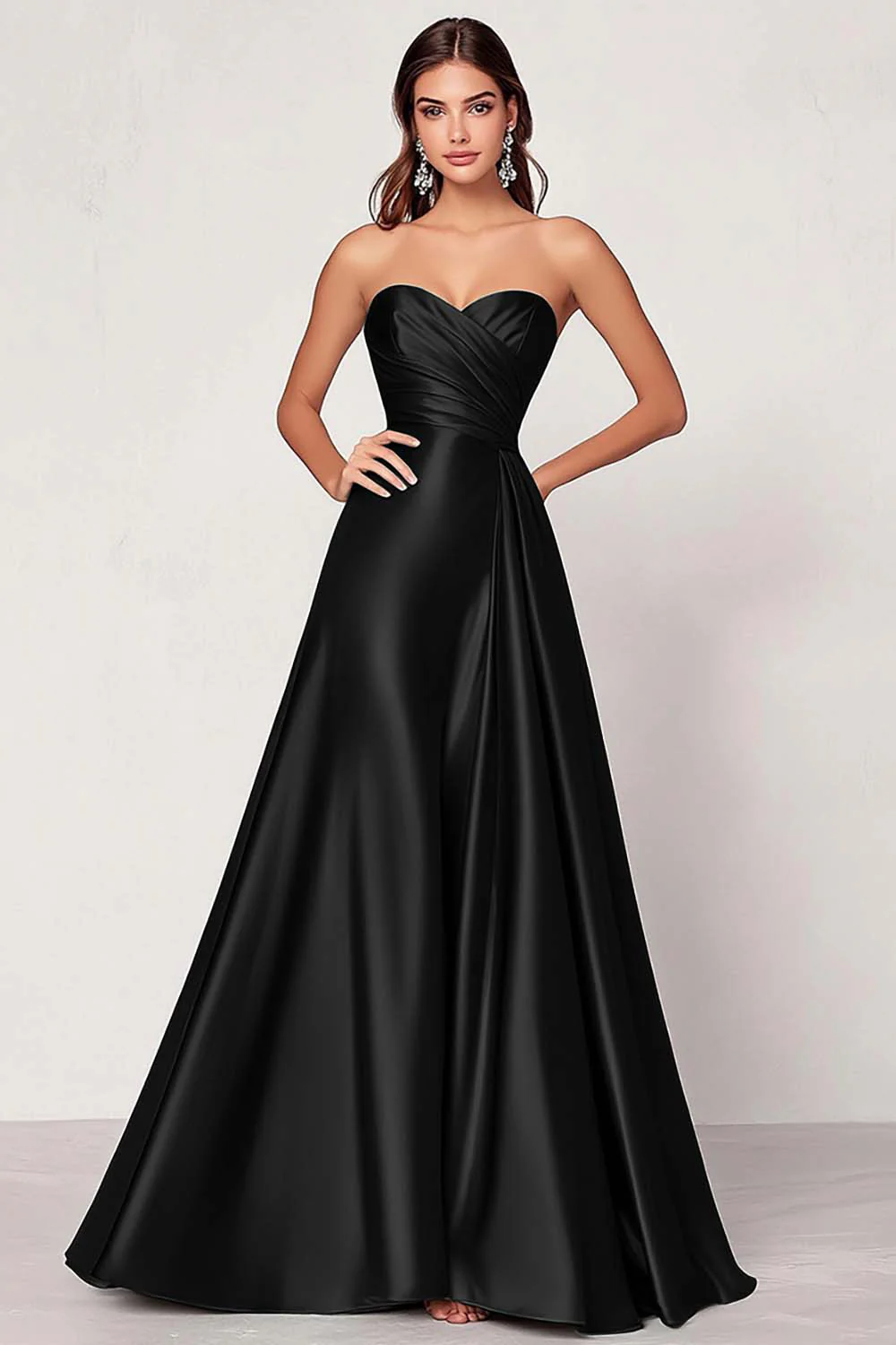 Dusty Blue Satin A Line Sweetheart Long Ruched Prom Dress - VNBITS