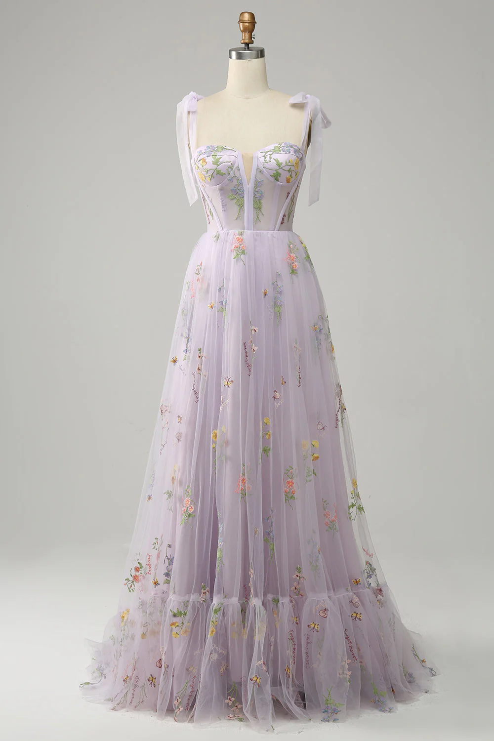 Lilac Embroidery Corset Long Prom Dress - VNBITS