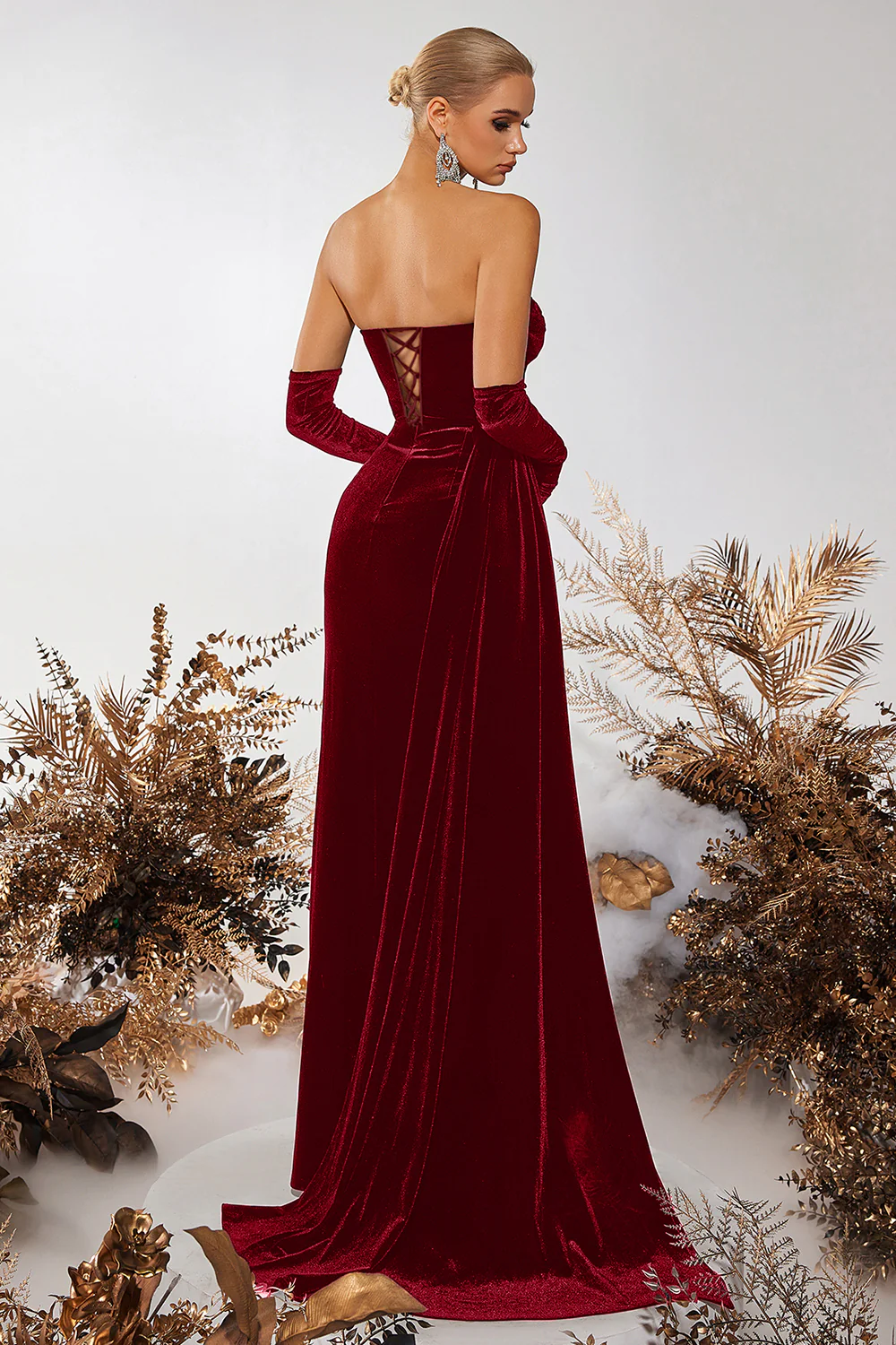 Black Velvet Sheath Strapless Ruched Long Corset Prom Dress with Slit - VNBITS