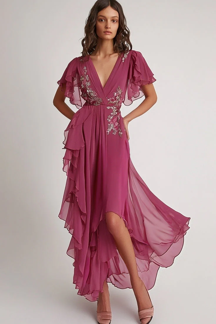 Embellished Dark Pink V Neck A Line Floral Maxi Formal Dress with Ruffles - VNBITS