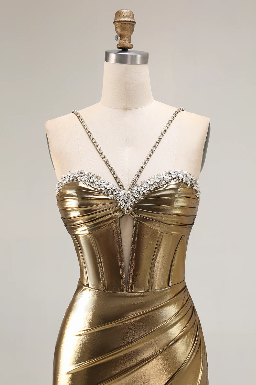 Sparkly Golden Metallic Corset Mermaid Long Prom Dress with Slit - VNBITS