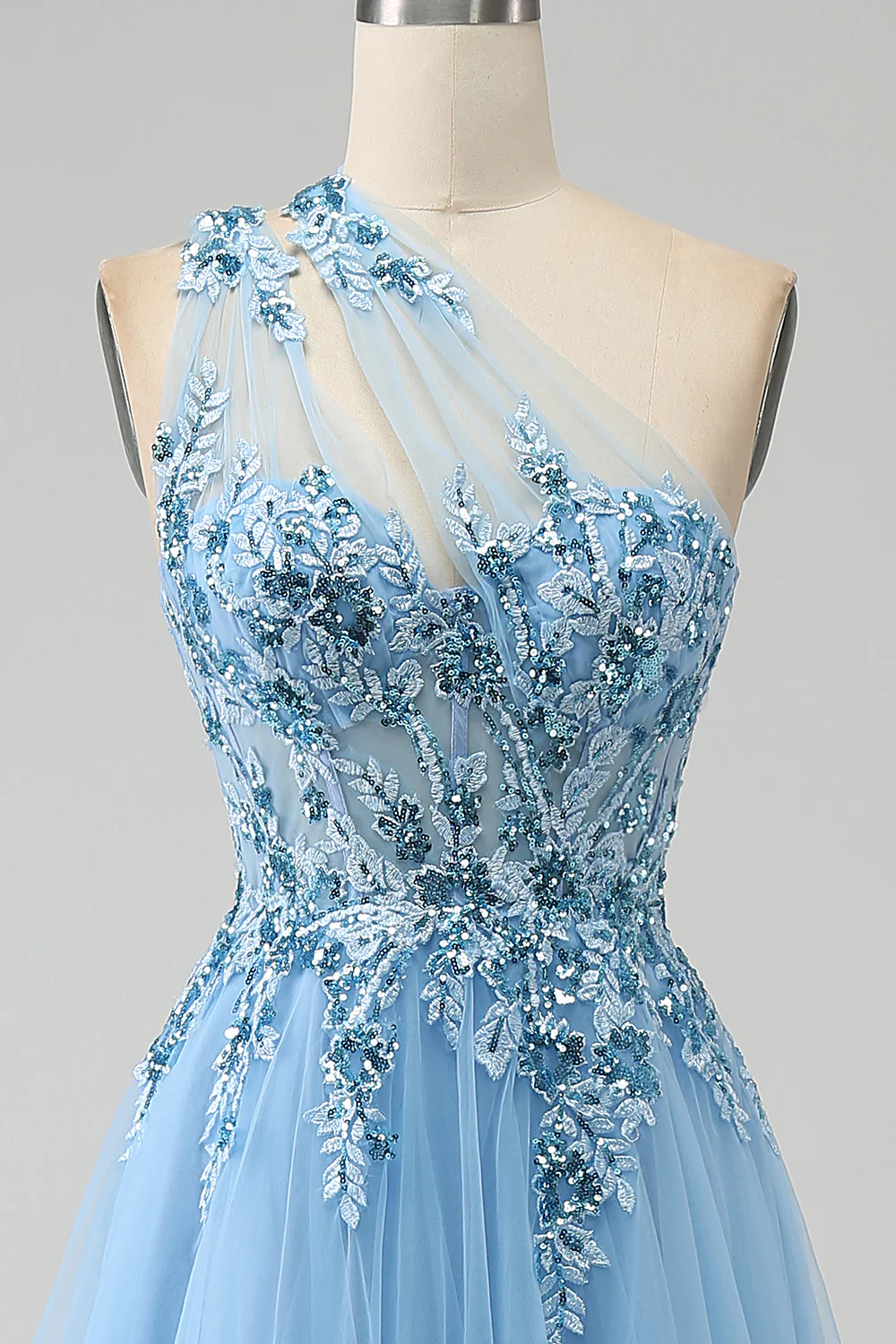 Light Blue A-Line One Shoulder Sequin Prom Dress with Appliques - VNBITS