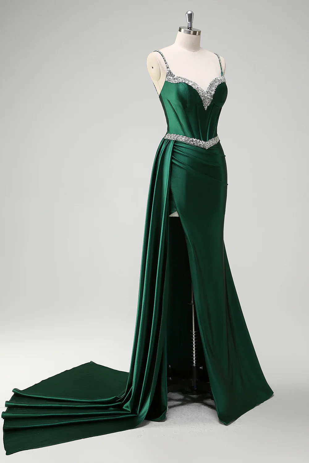 Dark Green Sequined Spaghetti Straps Mermaid Long Prom Dress with Slit - VNBITS