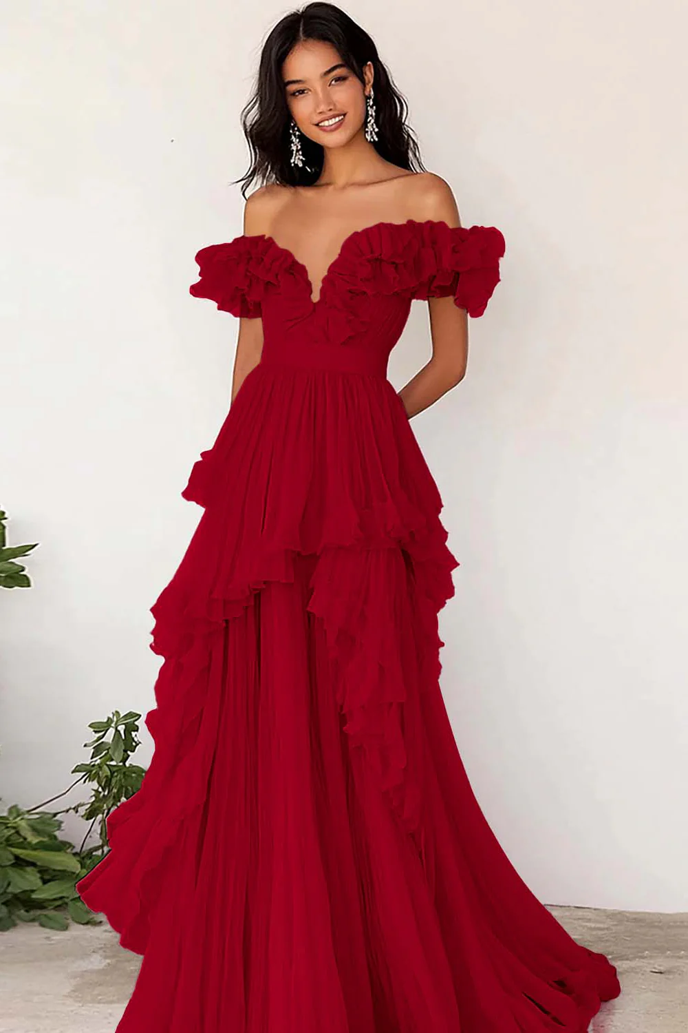 Lilac Chiffon A Line Long Off the Shoulder Prom Dress with Ruffles - VNBITS