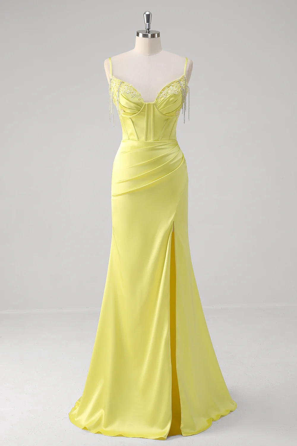Yellow Mermaid Beaded Applique Spaghetti Straps Long Prom Dress with Slit - VNBITS