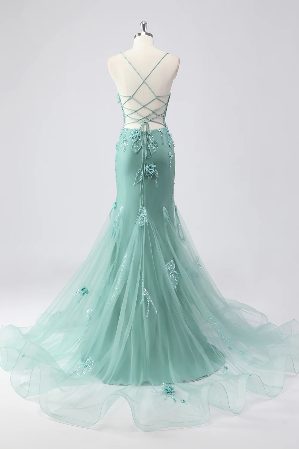 Sparkly Blue Mermaid Long Prom Dress with 3D Flowers - VNBITS