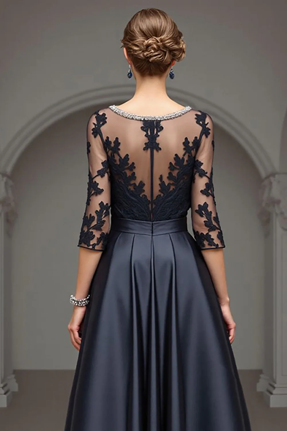 Navy A Line Long Satin Mother of the Bride Dress with Lace - VNBITS