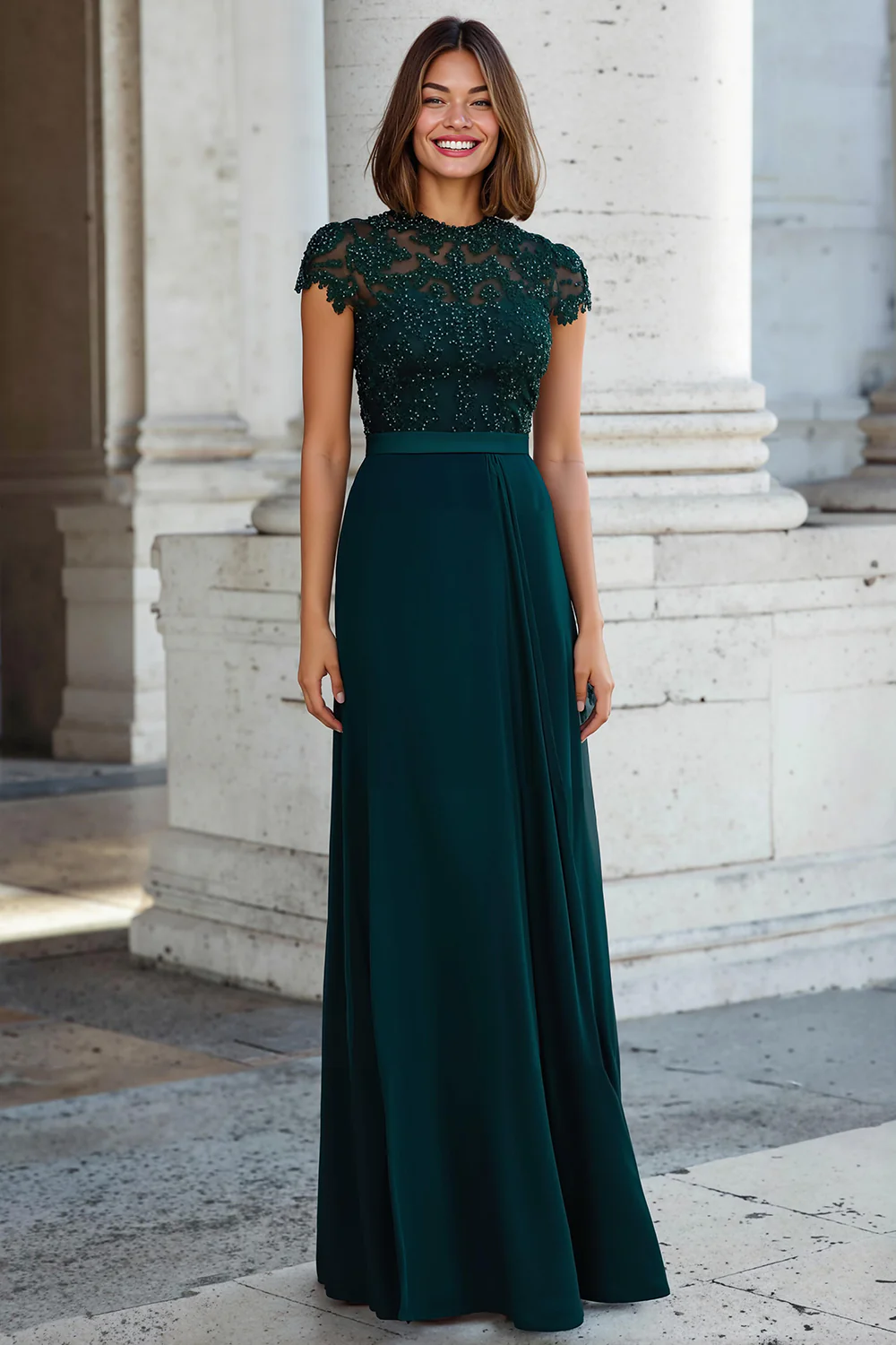 Peacock Green Round Neck Chiffon A-Line Long Mother of the Bride Dress with Beading - VNBITS