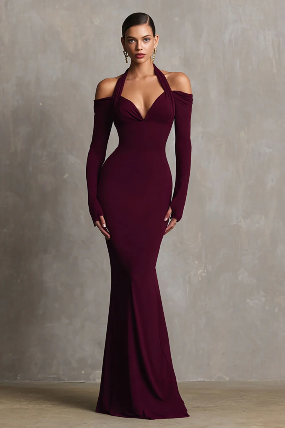 Burgundy Mermaid Halter Long Sleeves Long Formal Dress - VNBITS