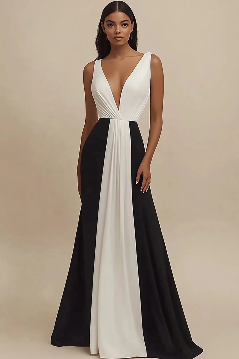 Black and White Deep V-Neck Sheath Long Formal Dress - VNBITS