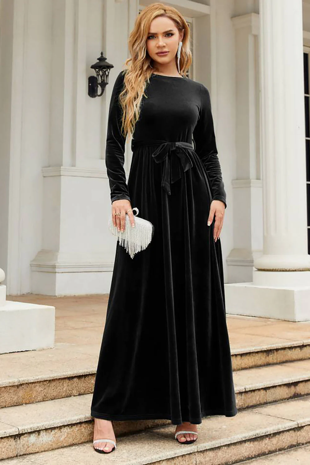 Long Sleeves A Line Velvet Holiday Party Dress - VNBITS