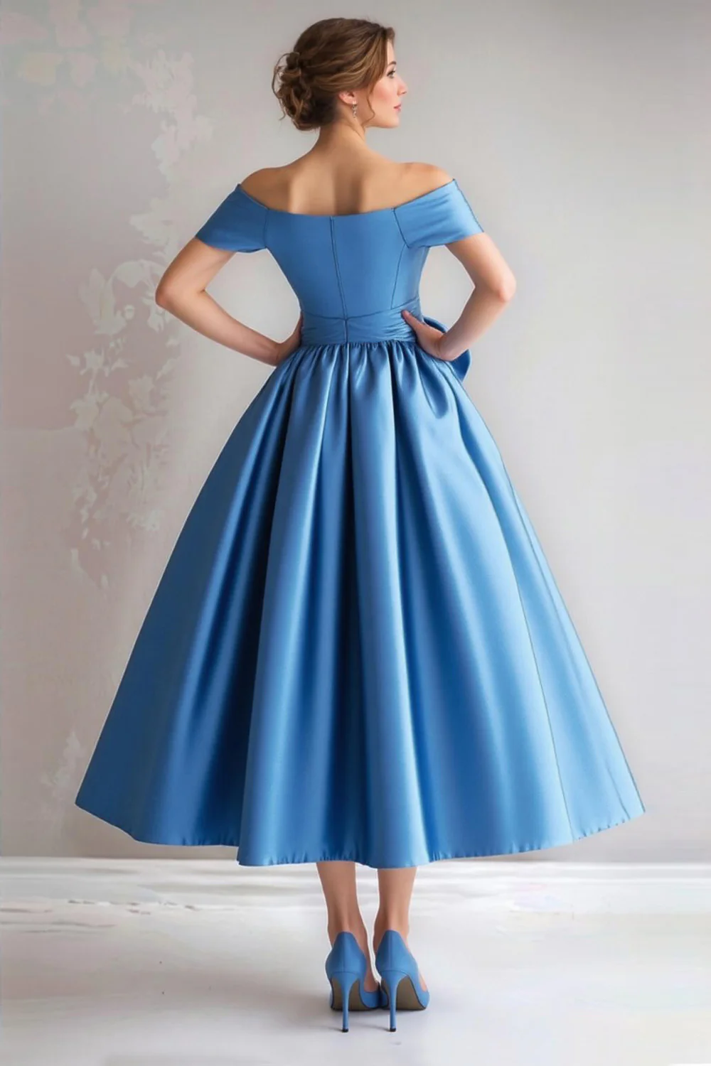 Blue Off the Shoulder A-Line Satin Tea Length Mother Of The Bride Dress with Bow - VNBITS