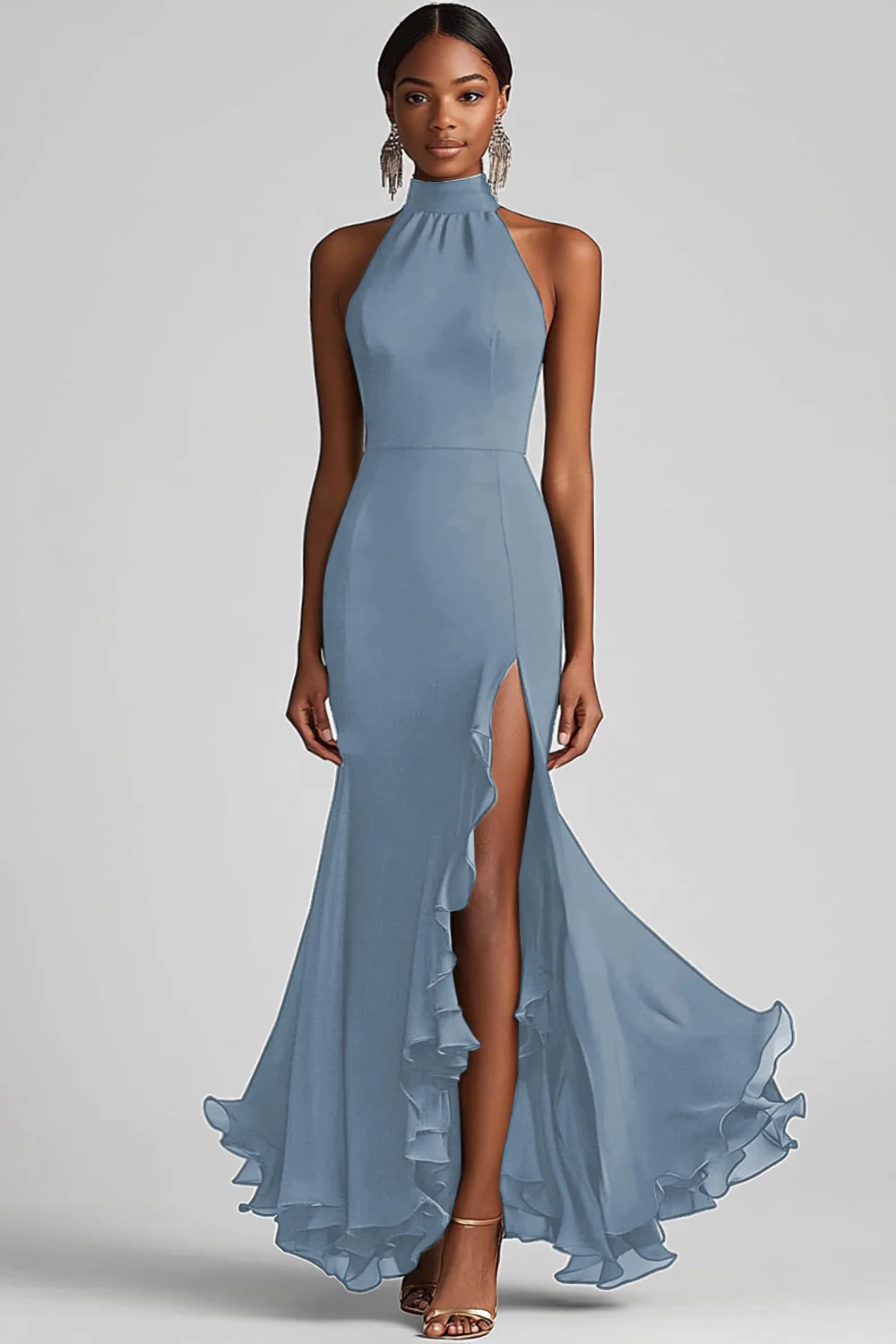 Halter Neck Black Ruffled Mermaid Long Formal Dress with Slit - VNBITS