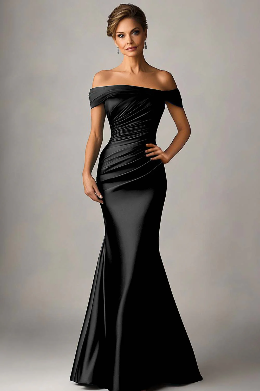 Peacock Blue Mermaid Off The Shoulder Ruched Satin Formal Dress - VNBITS