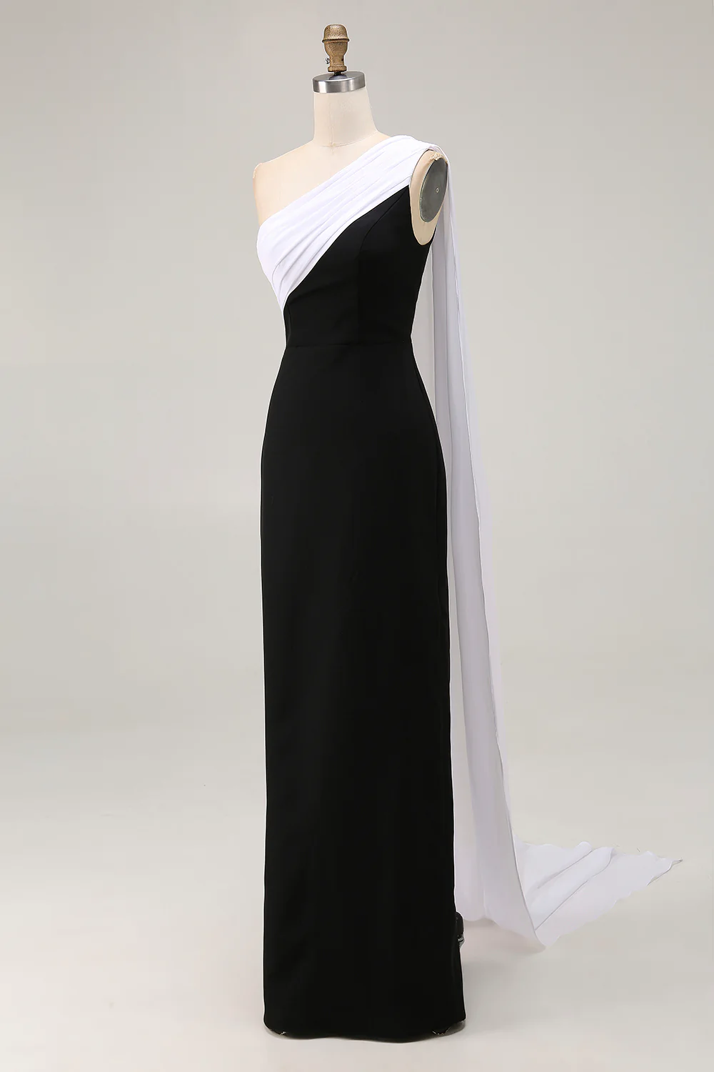 Black White Sheath One Shoulder Long Satin Formal Dress with Side Cape - VNBITS