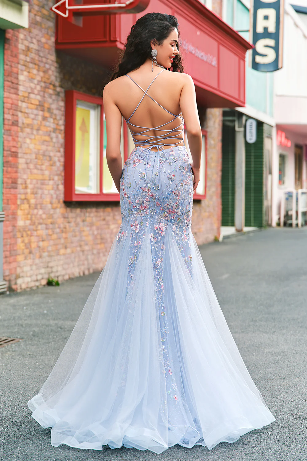 Floral Light Blue Mermaid Spaghetti Straps Corset Long Prom Dress - VNBITS