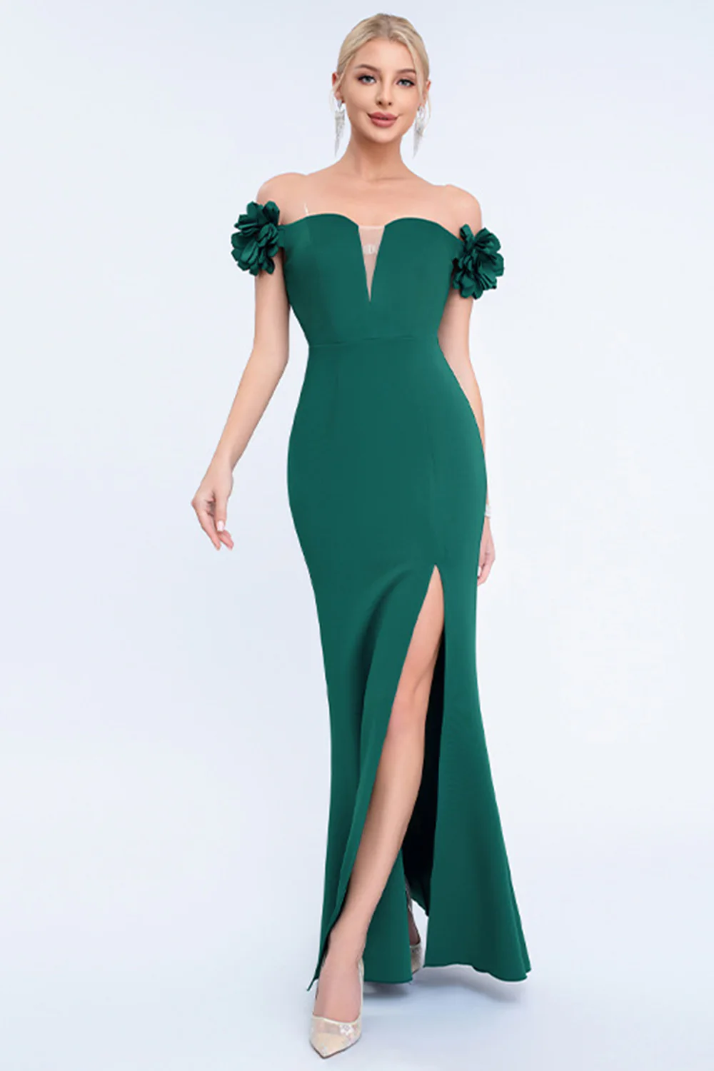 Blush Mermaid Off The Shoulder Long Prom Dress with 3D Flowers - VNBITS
