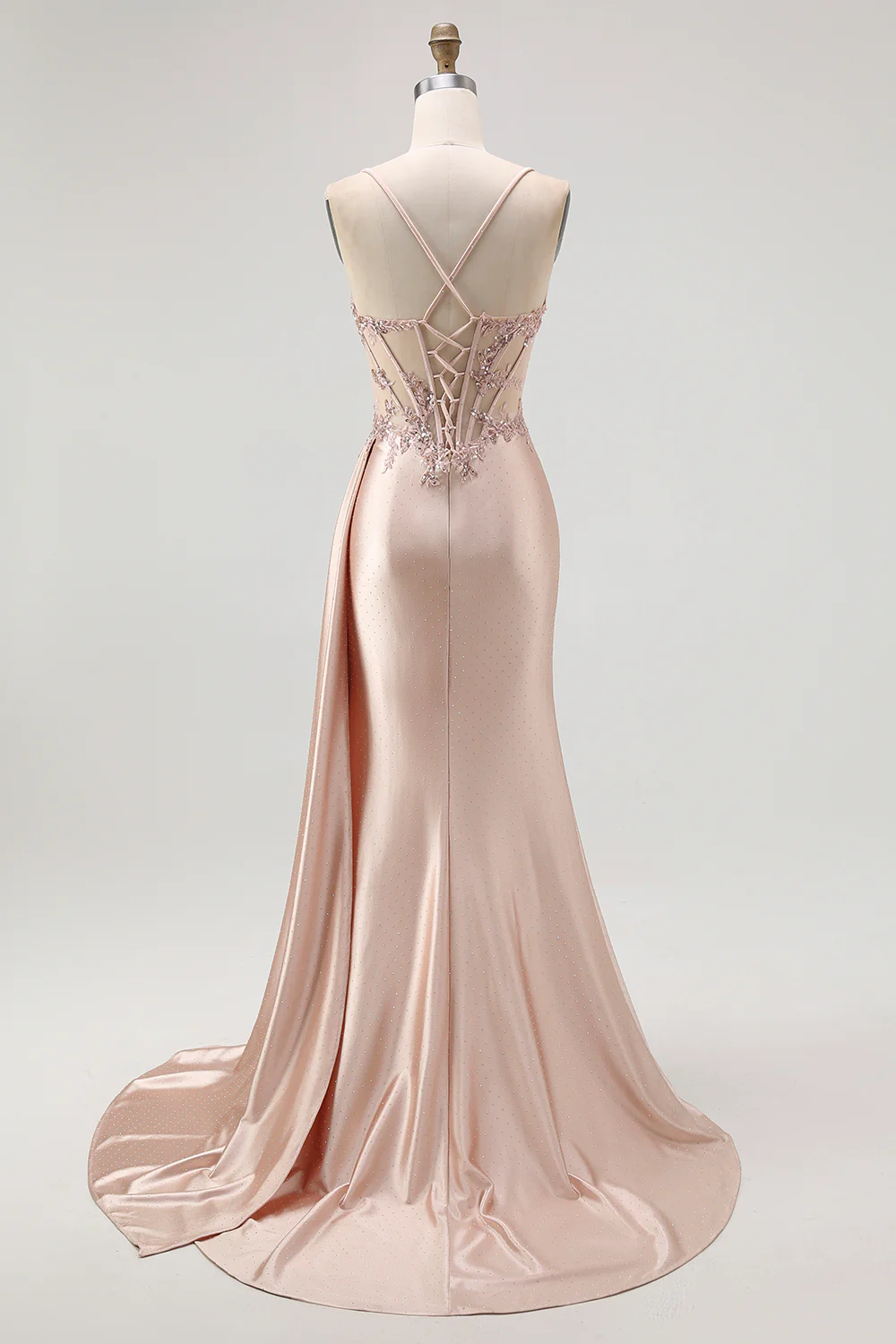 Sparkly Champagne Spaghetti Straps Mermaid Satin Long Prom Dress with Beading - VNBITS