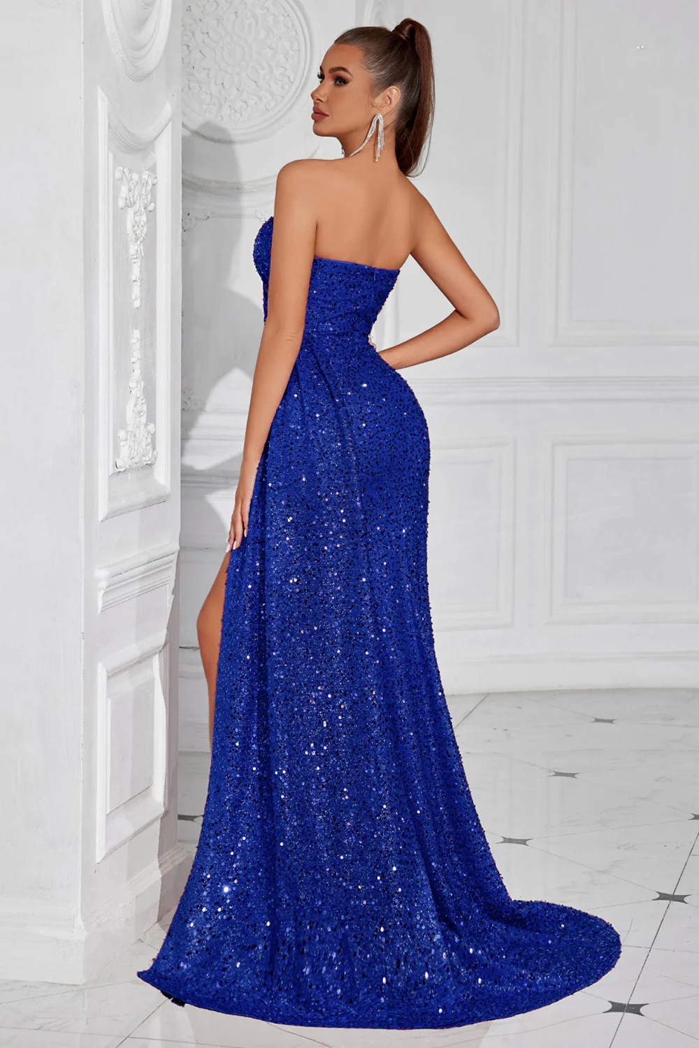 Sparkly Burgundy Sequin Sweetheart Long Prom Dress with Side Cape - VNBITS