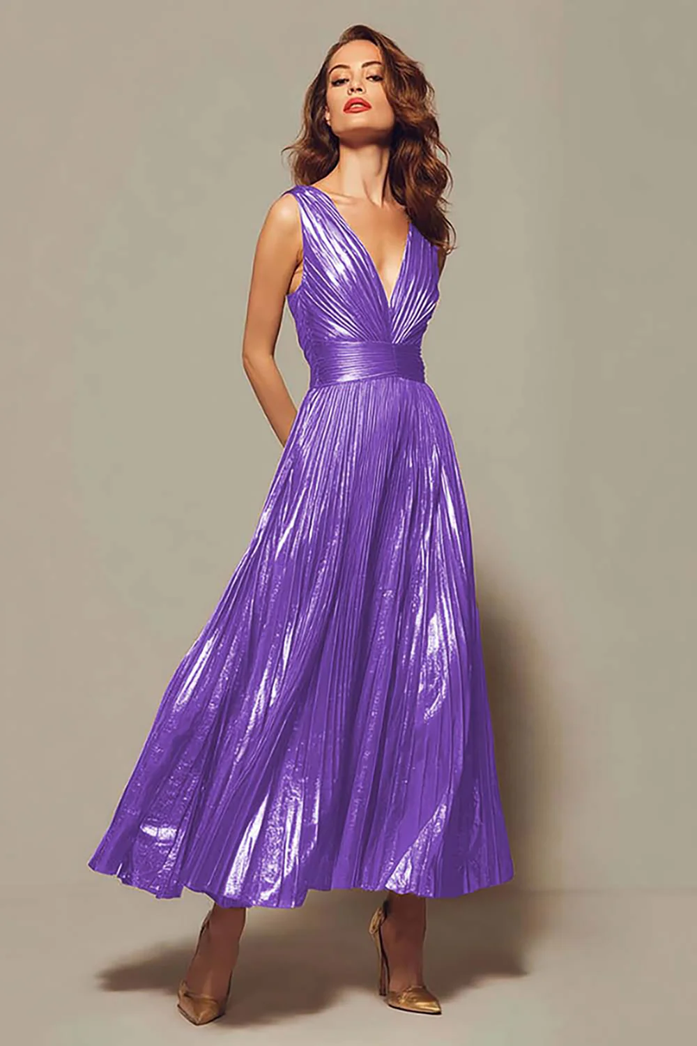 Sparkly Gold Metallic Pleated V-Neck A-Line Long Formal Dress - VNBITS