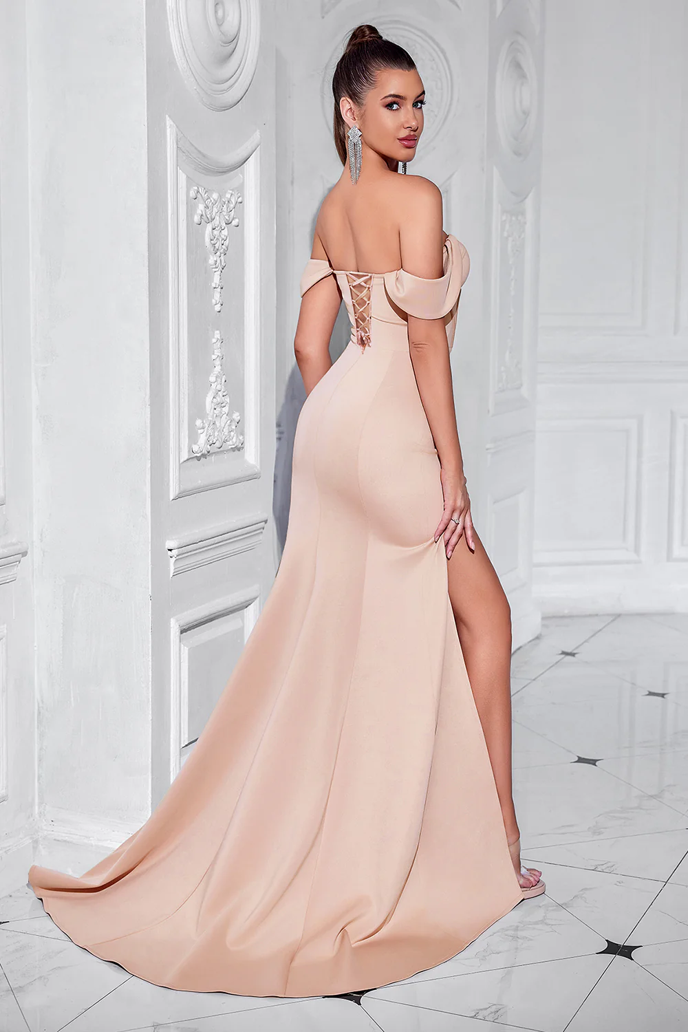 Blush Mermaid Corset Off the Shoulder Long Prom Dress with Slit - VNBITS