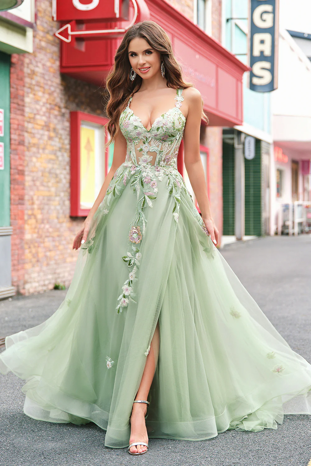 Green Floral A-Line Applique Tulle Long Prom Dress with Slit - VNBITS