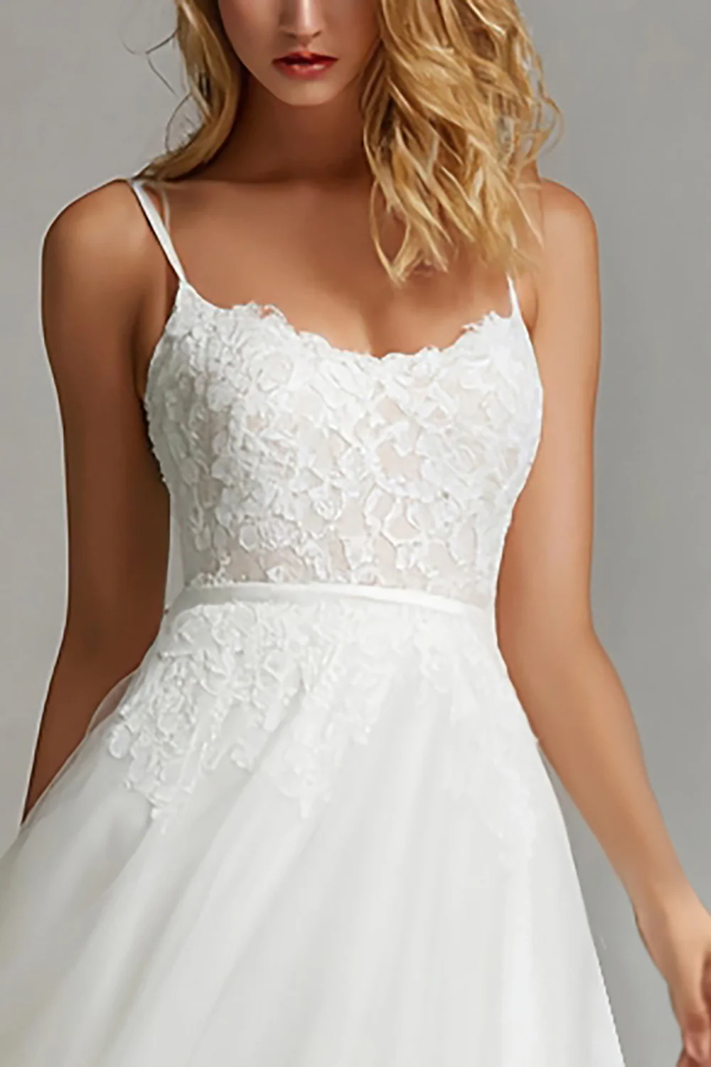 White Spaghetti Straps A Line Midi Engagement Dress with Lace - VNBITS