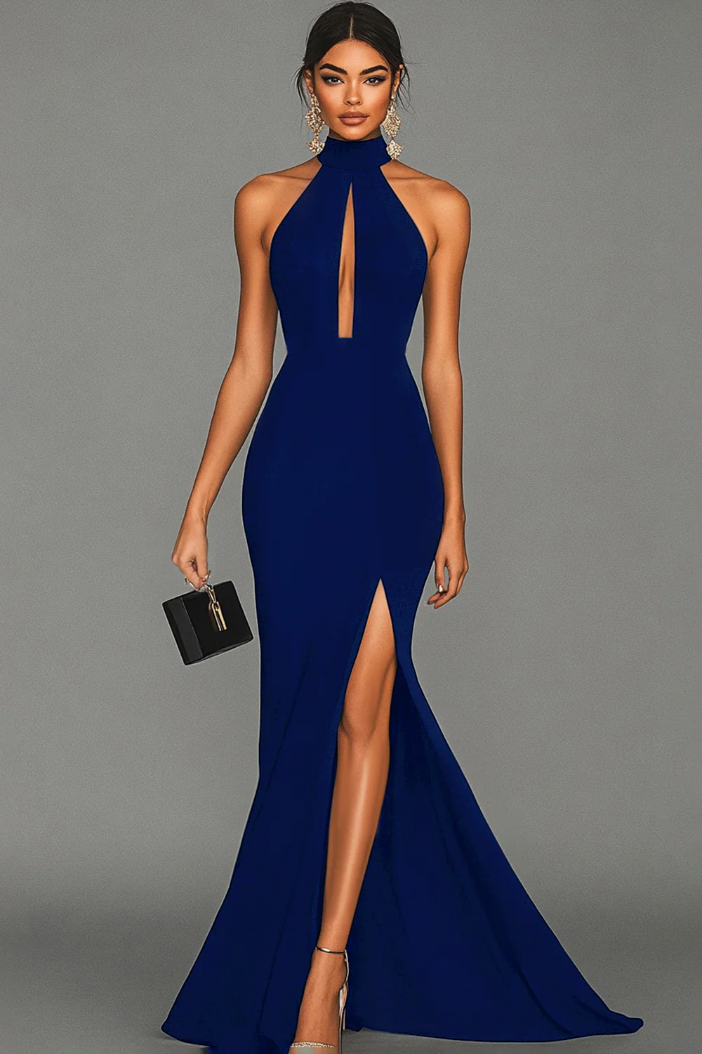 Black Mermaid Halter Neck Satin Long Formal Dress - VNBITS