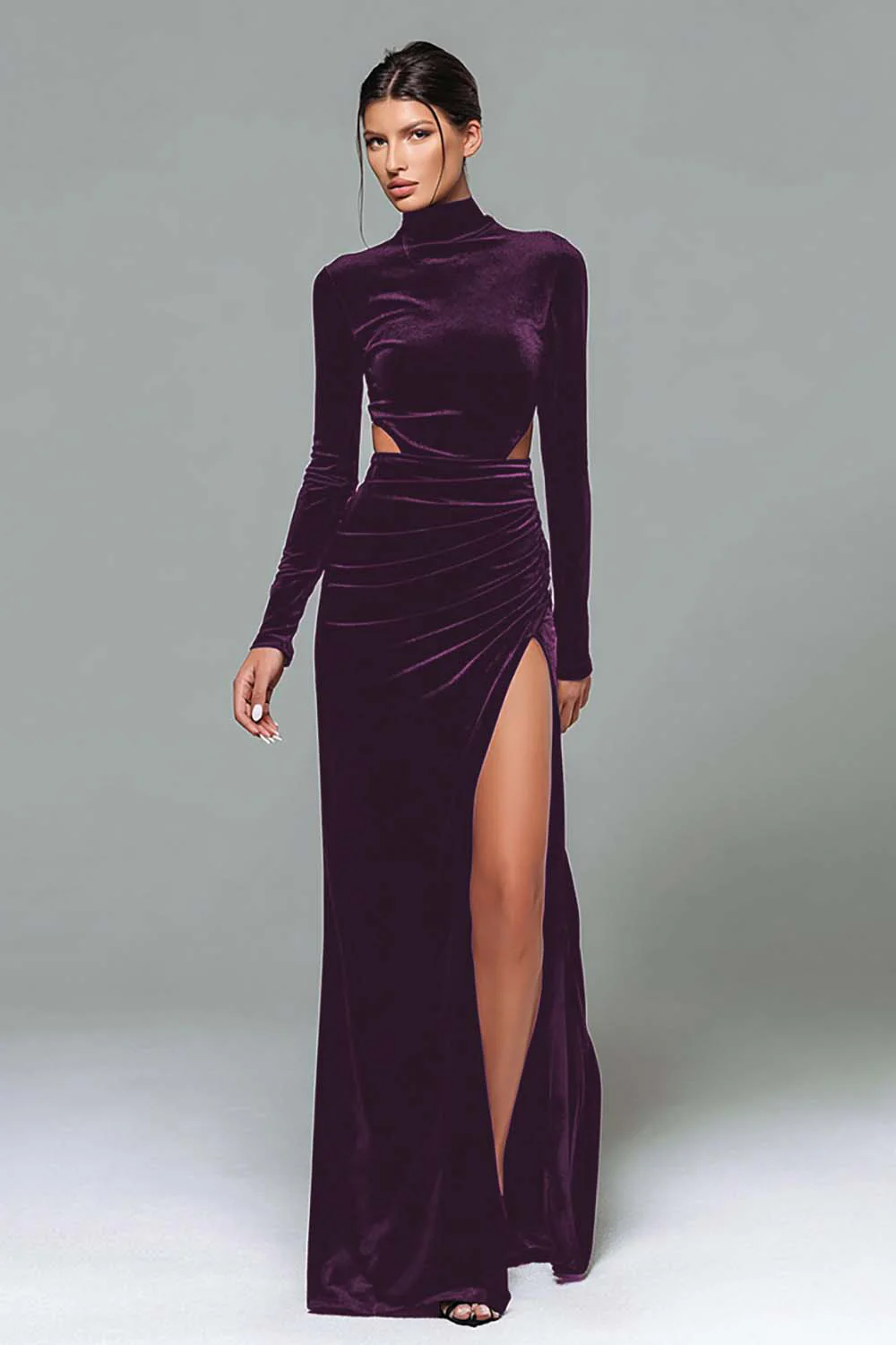 Black Velvet High Neck Sheath Long Sleeves Holiday Party Dress with Slit - VNBITS