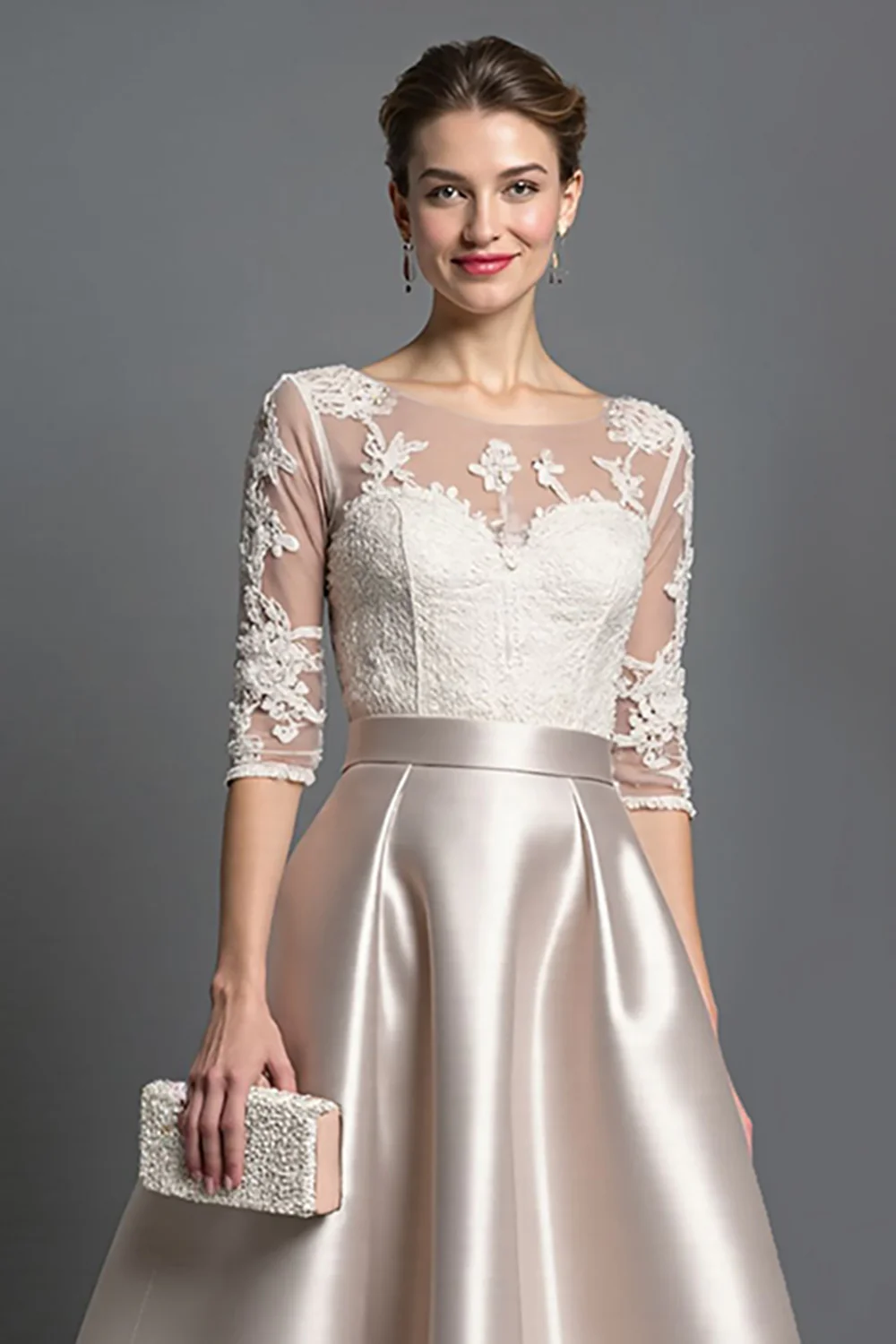 Apricot Satin A Line Long Mother of the Bride Dress with Lace - VNBITS