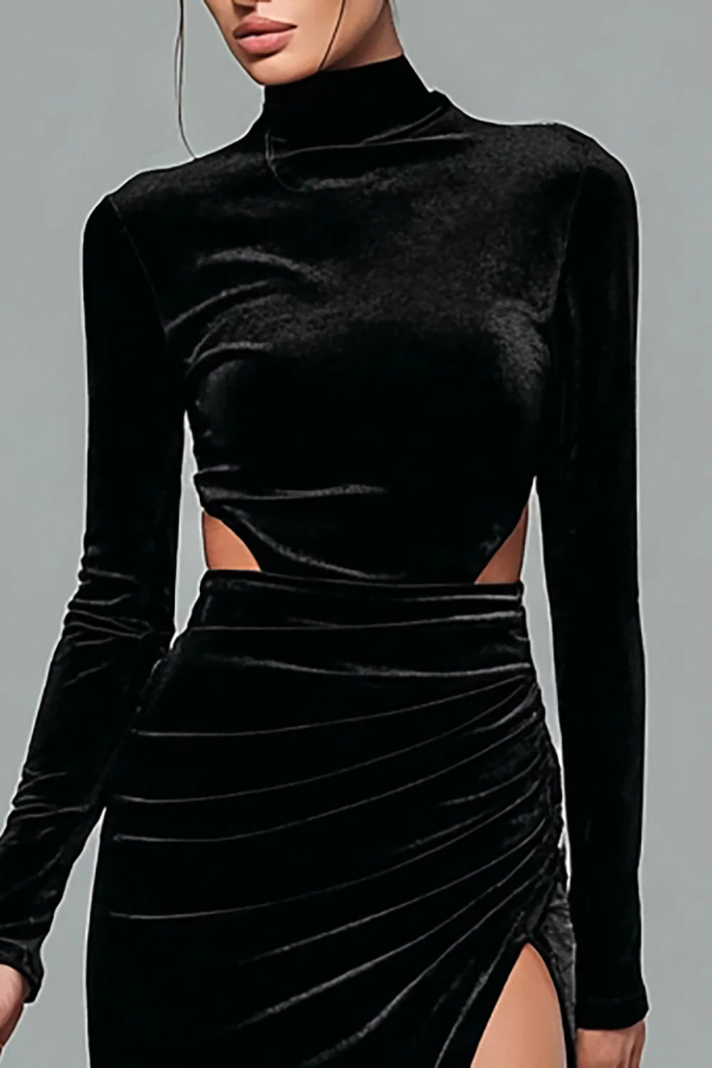 Black Velvet High Neck Sheath Long Sleeves Holiday Party Dress with Slit - VNBITS