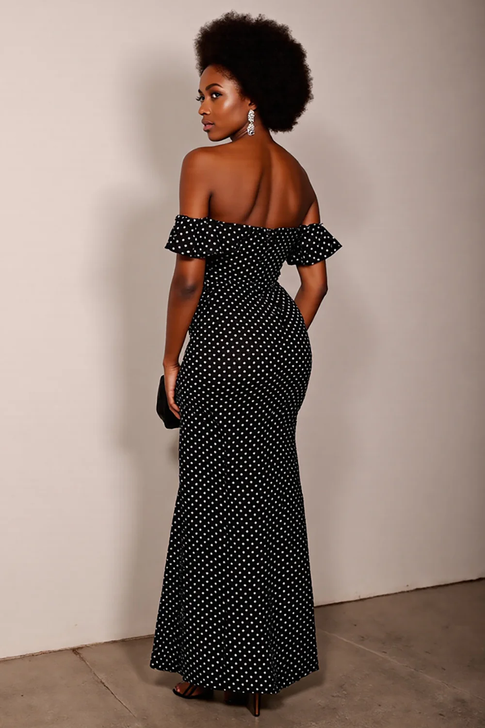 Black and White Sheath Off the Shoulder Maxi Polka Dot Dress with Slit - VNBITS