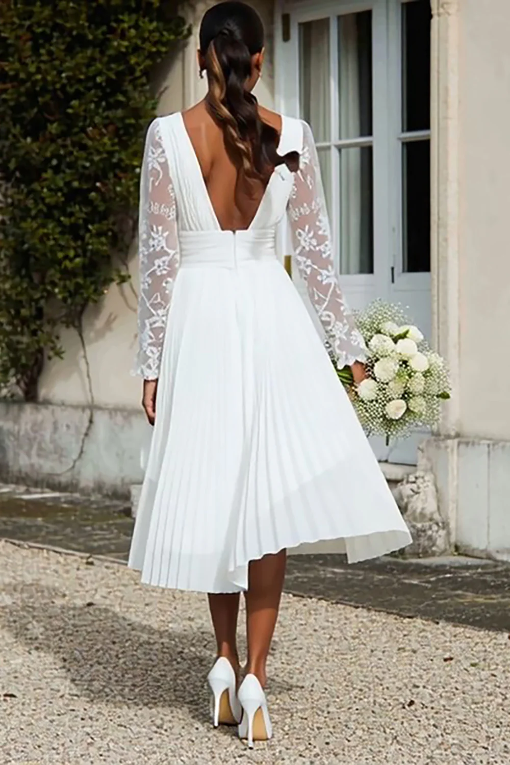 Ivory Pleated V-Neck Midi Engagement Dress with Lace - VNBITS