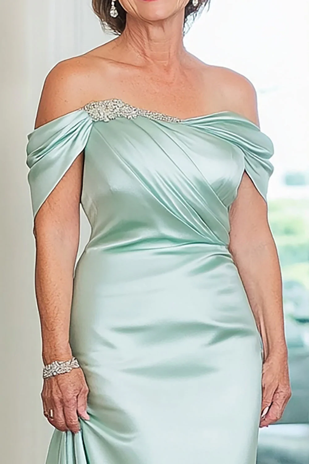 Sheath Mint Satin Off the Shoulder Long Mother of the Bride Dress - VNBITS